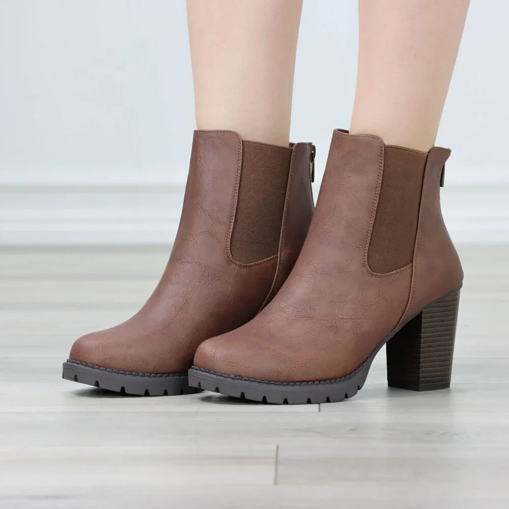 Womens Ankle Boots Lug Block Heel Brown Synthetic Leather Round Toe Elastic Gore - Picture 8 of 11